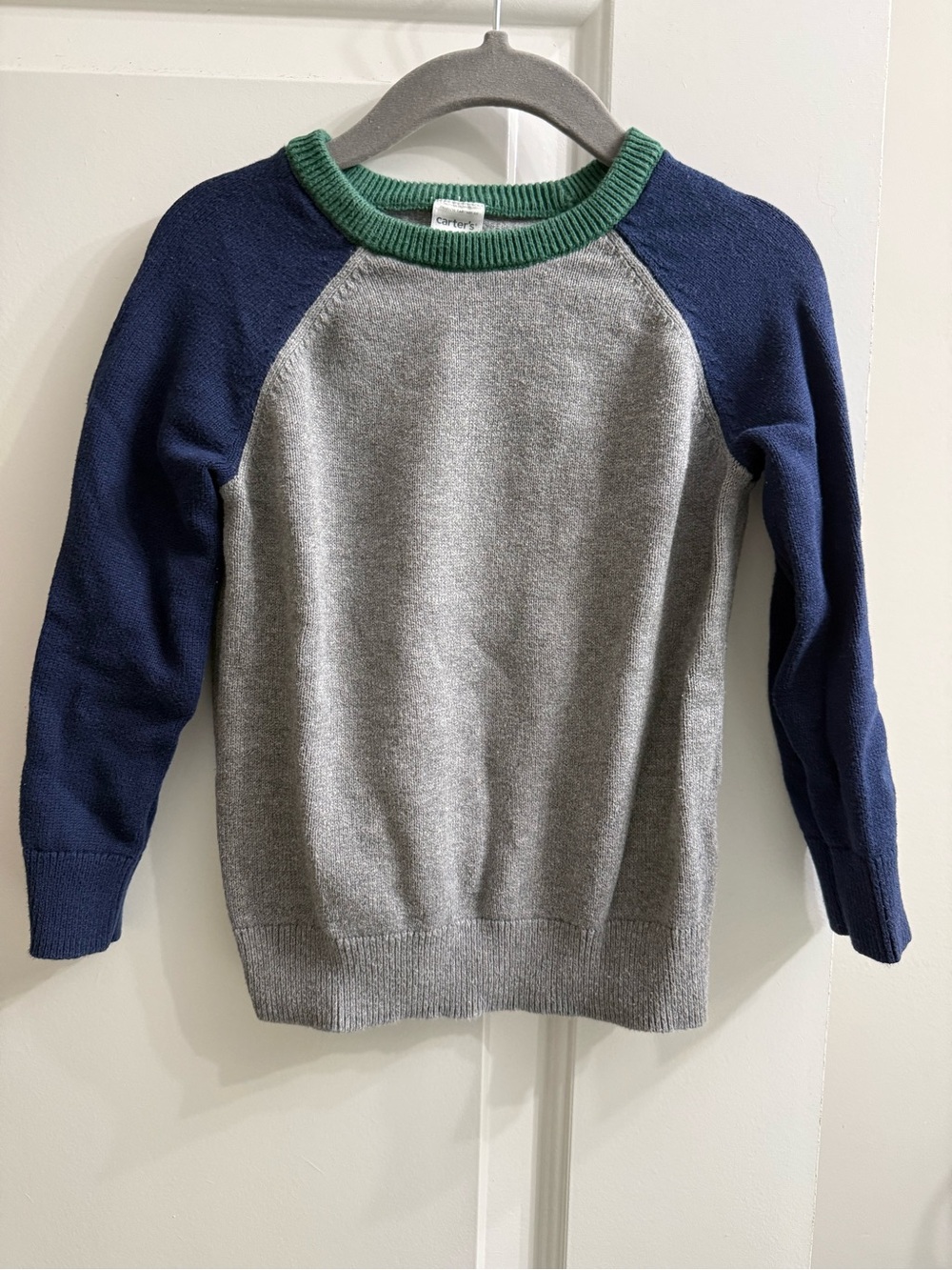 Carter's Gray Raglan Sweater with Navy Sleeves and Green Neck